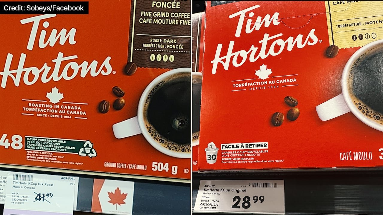 default-6 The photo on the right shows the red maple leafy Symbol Sobeys typically included on the shelf tag for Tim Hortons coffee. The photo on the left, taken last week at a Toronto Sobeys, shows that the symbol has been removed.