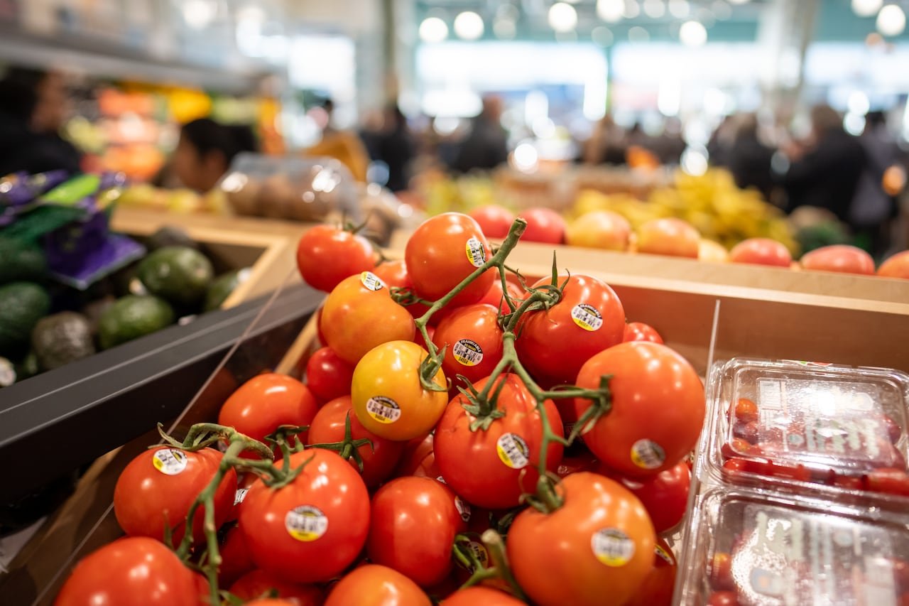 A bin of red tomatoes