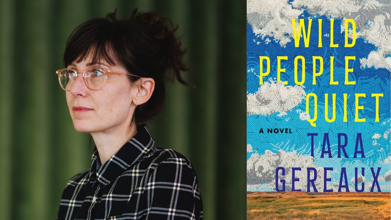 default-254 A headshot of a woman with her hair in a bun wearing glasses looking left. A book cover of a beaded sky over a Saskatchewan plain.